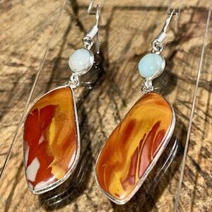 Red Blocky Noreena Jasper & Larimar Earrings 2 1/2”